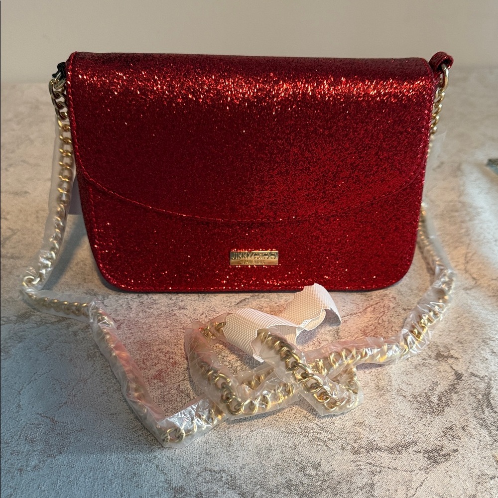 Jimmy Choo Red Glitter Crossbody with Gold Chain